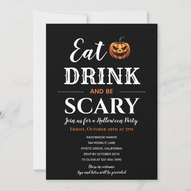Sip, Feast & Fright: Modern Halloween Typographic Invitation (Front)