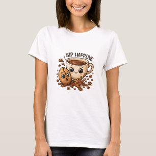 Sip Happens Cute Coffee Pun Illustration T-Shirt