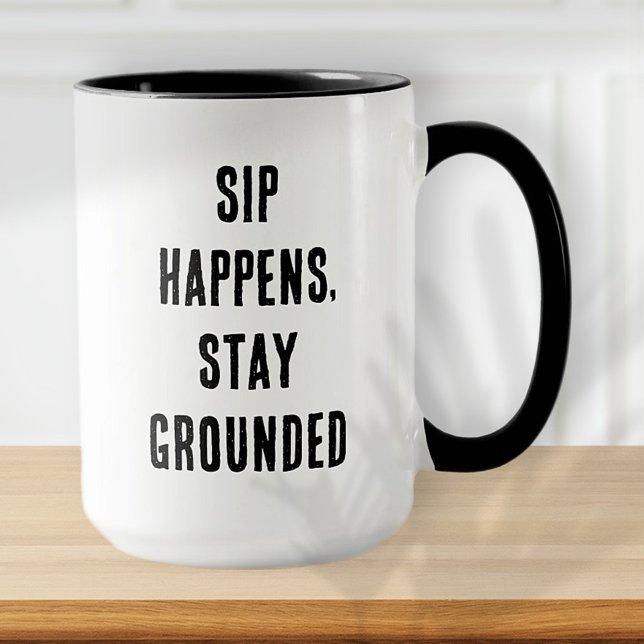 Sip Happens Funny Modern Simple Black and White Mug (Creator Uploaded)