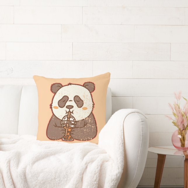 Sip Happens – Funny Panda Boba Retro Style Throw Pillow (Couch)