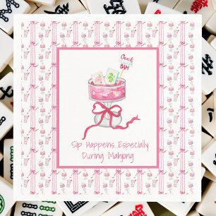 Sip Happens Mahjong Pink Drink Watercolor Tiles Napkin