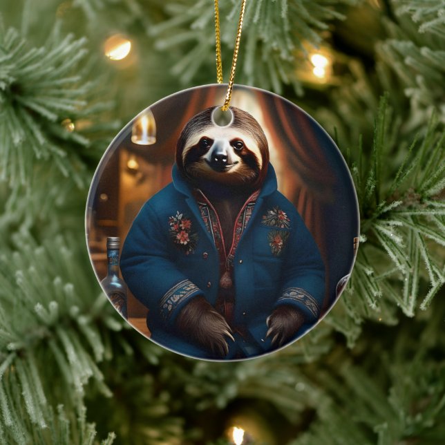"Sip 'n' Slow: The Cozy Sloth in a Drinking Jacket Ceramic Ornament (Tree)