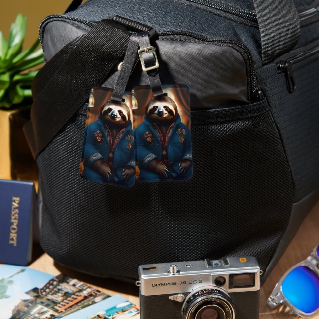 "Sip 'n' Slow: The Cozy Sloth in a Drinking Jacket Luggage Tag (Front & Back)