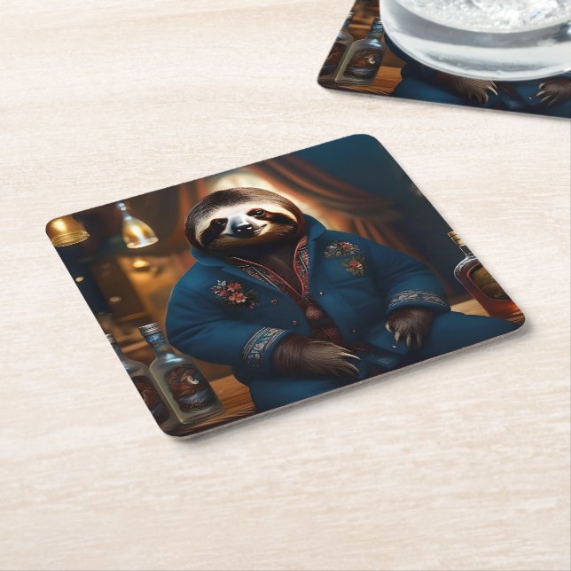 "Sip 'n' Slow: The Cozy Sloth in a Drinking Jacket Square Paper Coaster (Angled)