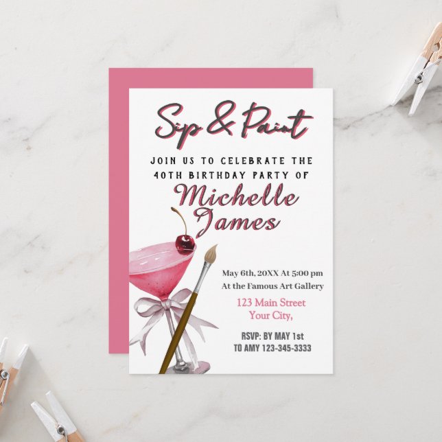 Sip & Paint Art 40e anniversaire Invitation (Devant/Arrière en situation)
