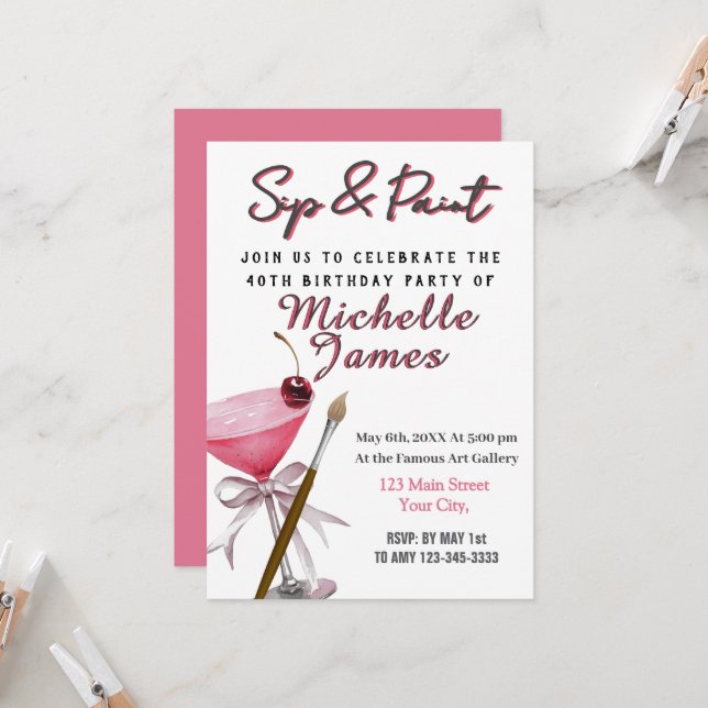 Sip & Paint Art 40th Birthday Invitation (Front/Back In Situ)