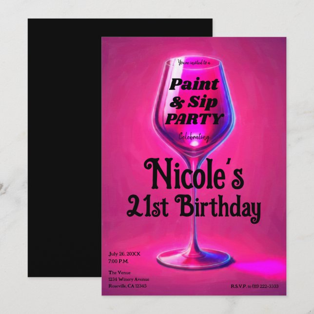 Sip & Paint Pink Wine Glass 21st Birthday Party Invitation (Front/Back)