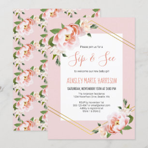 Sip & See Baby Girl Blush Floral Baby Shower Invitation