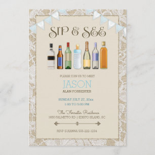 Sip & See Burlap Lace Bottles Blue Boy Bunting Invitation