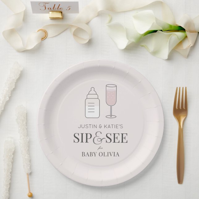 Sip & See Champagne Bottle Pink Baby Shower Paper Plate (Wedding)