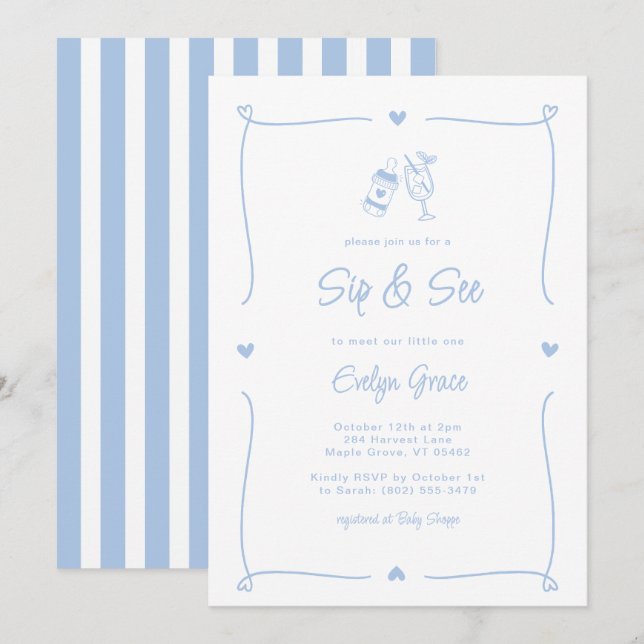 Sip & See Champagne Bottle Whimsical Blue Boy Invitation (Front/Back)