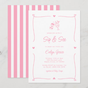 Sip & See Champagne Bottle Whimsical Pink Girl Invitation