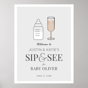 Sip & See Champagne Grey Baby Shower Welcome Poster