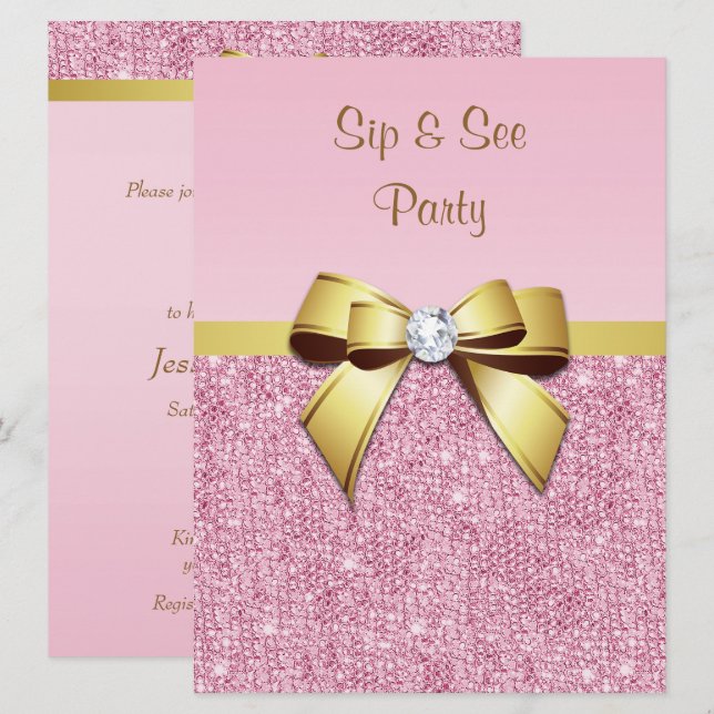 Sip & See Faux Pink Sequins Gold Bow Invitation (Front/Back)