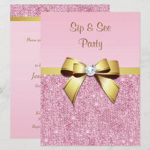 Sip & See Faux Pink Sequins Gold Bow Invitation