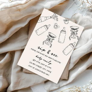 Sip & See Hand Illustrated B&W Baby Boy Girl Invitation