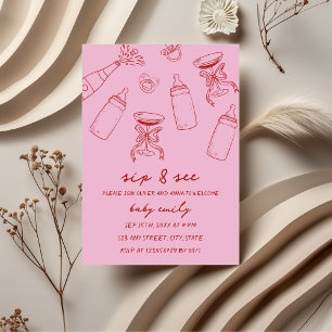 Sip & See Hand Illustrated Pink Red Invitation