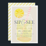 Sip & See Lemonade Mason Jar Beige Baby Shower Invitation<br><div class="desc">This cute "sip & see" gender-neutral baby shower invitation features a lemonade in a mason jar on a light beige background framed by a white border. The reverse side features a white background with yellow diagonal stripes. Change the background colour and personalize for your needs. You can find more matching...</div>