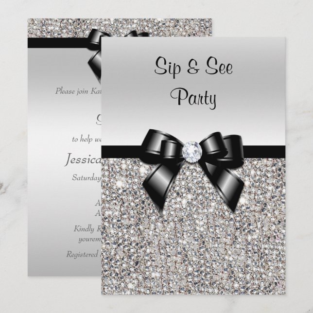 Sip & See  Party Silver Sequins Black Bow Invitation (Front/Back)