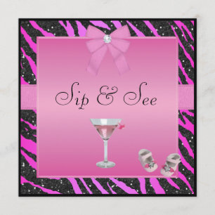 Sip & See Zebra Print Pink & Black Baby Shower Invitation