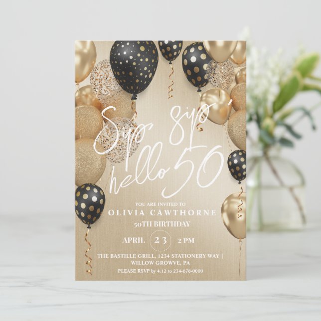  Sip, sip Hello 50th Black Gold Balloons Birthday Invitation (Standing Front)