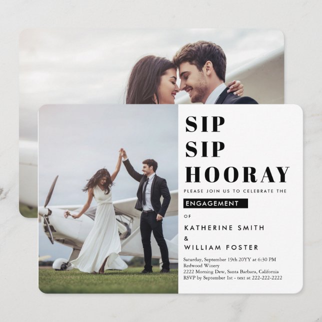 Sip Sip Hooray 2 Photo Engagement Party Invitation (Front/Back)