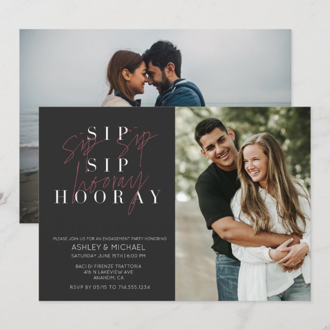 Sip Sip Hooray Black 2 Photo Engagement Party Invitation (Front/Back)