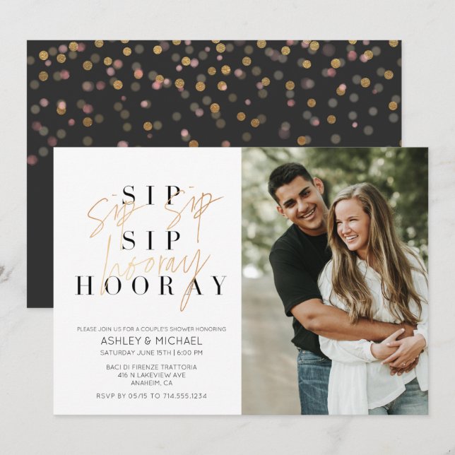 Sip Sip Hooray Black Gold Photo Couple's Shower Invitation (Front/Back)