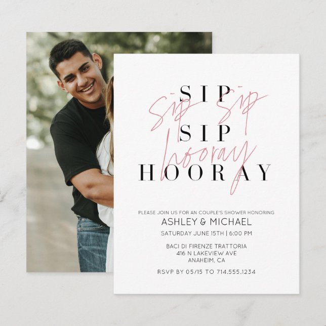 Sip Sip Hooray Black White Photo Couple's Shower Invitation (Front/Back)