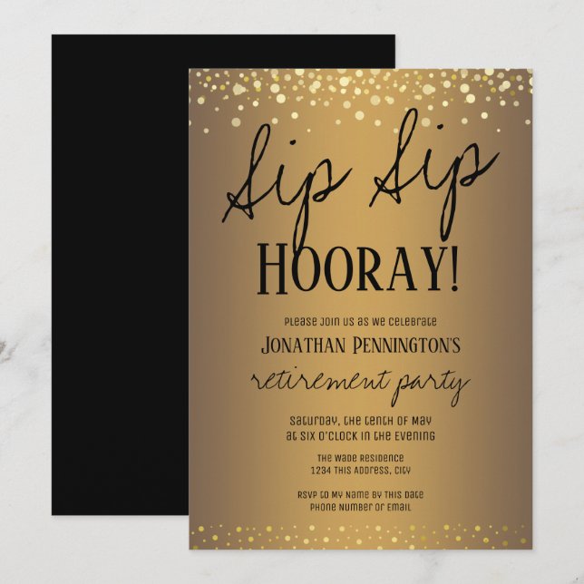 Sip Sip Hooray Elegant Gold Retirement Party Invitation (Front/Back)