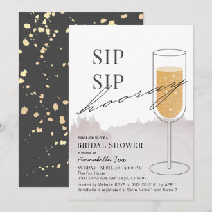 Sip Sip Hooray Gold Champagne Grey Bridal Shower Invitation