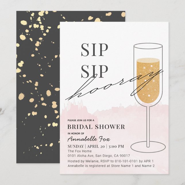 Sip Sip Hooray Gold Champagne Pink Bridal Shower Invitation (Front/Back)