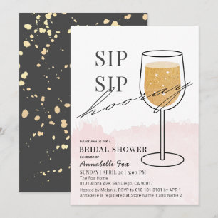 Sip Sip Hooray Gold Wine Glass Pink Bridal Shower Invitation