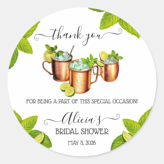 Sip, Sip, Hooray! Moscow Mule Bridal Shower Favour Classic Round Sticker (Front)