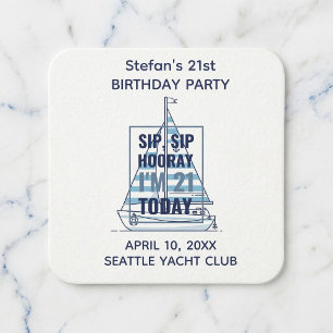 Sip Sip Hooray Personalized 21st Birthday Nautical Square Paper Coaster