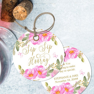 Sip Sip Hooray Pink and Gold Watercolor Floral Favour Tags