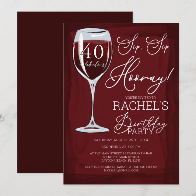 Sip Sip Hooray Red Wine Birthday Party Invitation (Front/Back)