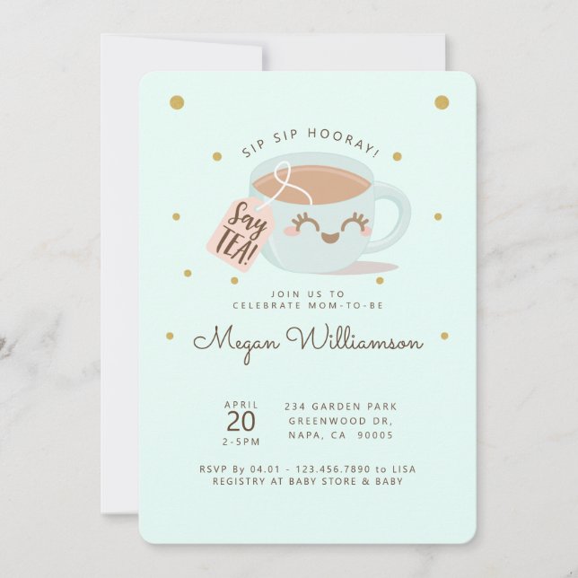 Sip Sip Hooray Say Tea Mint Baby Shower Tea Party Invitation (Front)