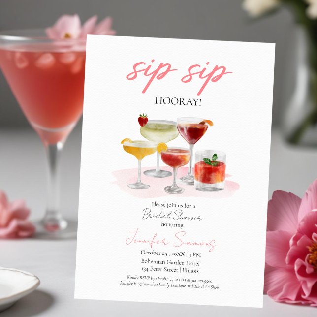 Sip Sip Hooray Watercolor Cocktails Bridal Shower  Invitation (Creator Uploaded)