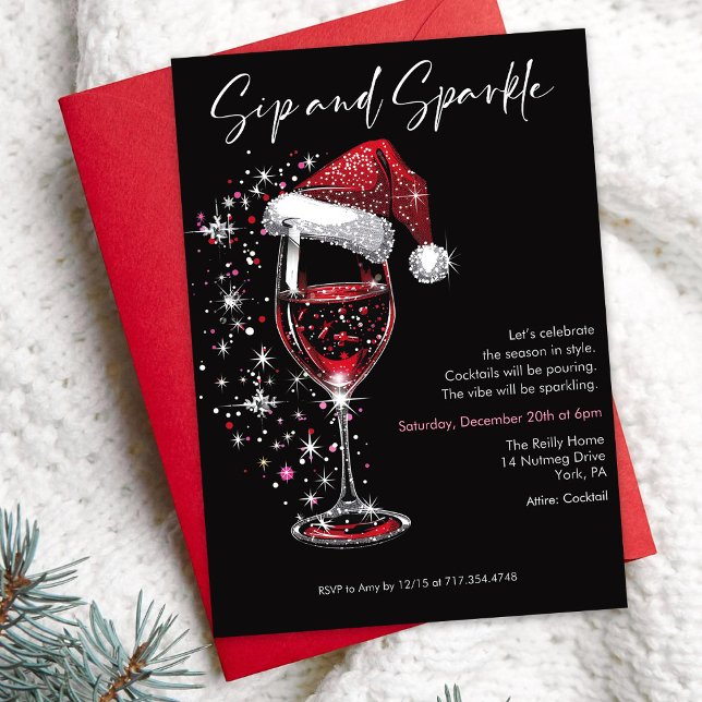 Sip & Sparkle Holiday Cocktail Party Wine Glass Invitation (Creator Uploaded)