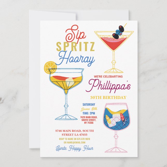 Sip Spritz Hooray Party Cocktails Drinks Birthday Invitation (Front)