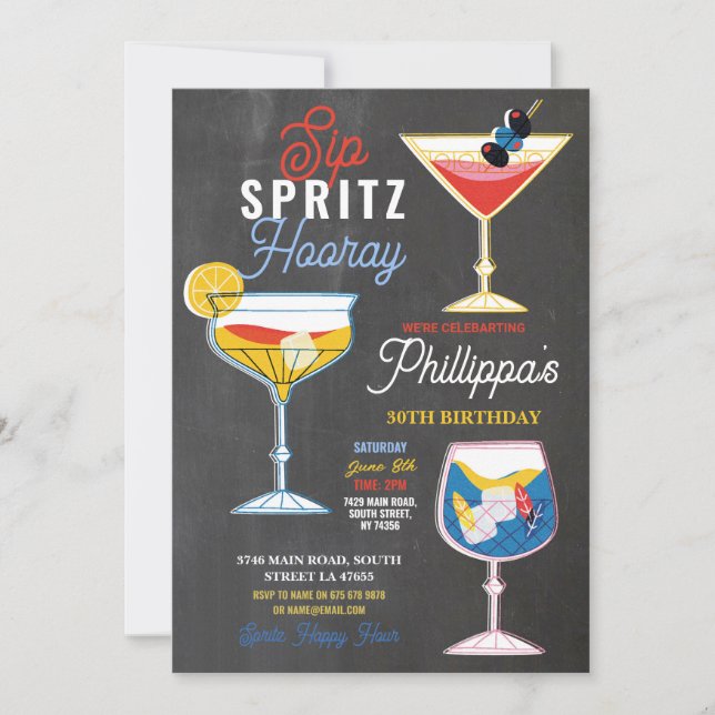 Sip Spritz Hooray Party Cocktails Drinks Birthday Invitation (Front)