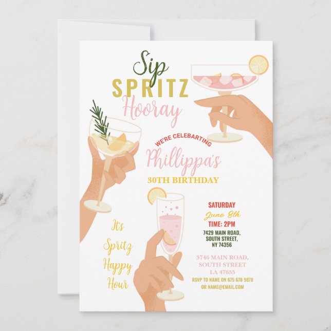 Sip Spritz Hooray Party Cocktails Drinks Birthday Invitation (Front)
