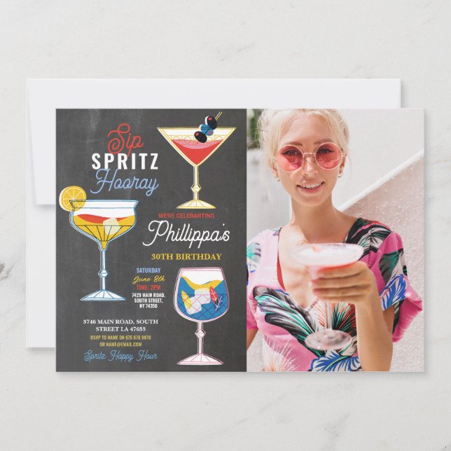 Sip Spritz Photo Party Cocktails Drinks Birthday Invitation (Front)