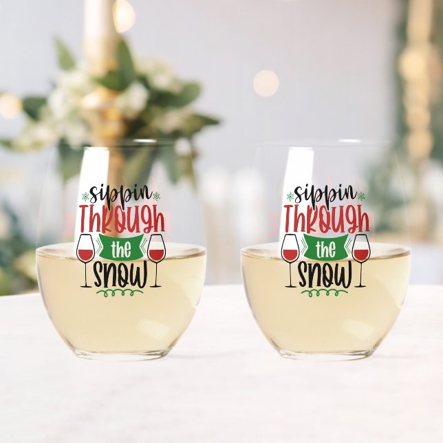 Sippin' Through The Snow Wine Christmas Stemless Wine Glass (Insitu (Wedding))