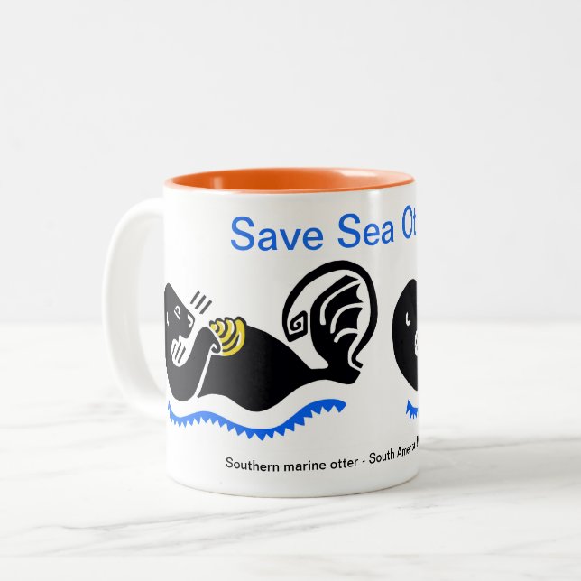 Sipping coffee -Save Sea OTTERS - Wildlife warrior Two-Tone Coffee Mug (Front Left)