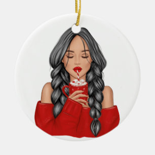 Sipping Hot Chocoatolate in Winter in Red Sweater Ceramic Ornament