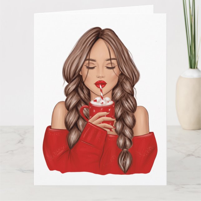 Sipping Hot Chocolate in Winter in Red Sweater Card (Front)