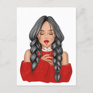 Sipping Hot Chocolate in Winter in Red Sweater Holiday Postcard