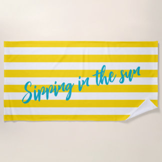 Sipping In The Sun Cute Yellow White Stripe Party Beach Towel